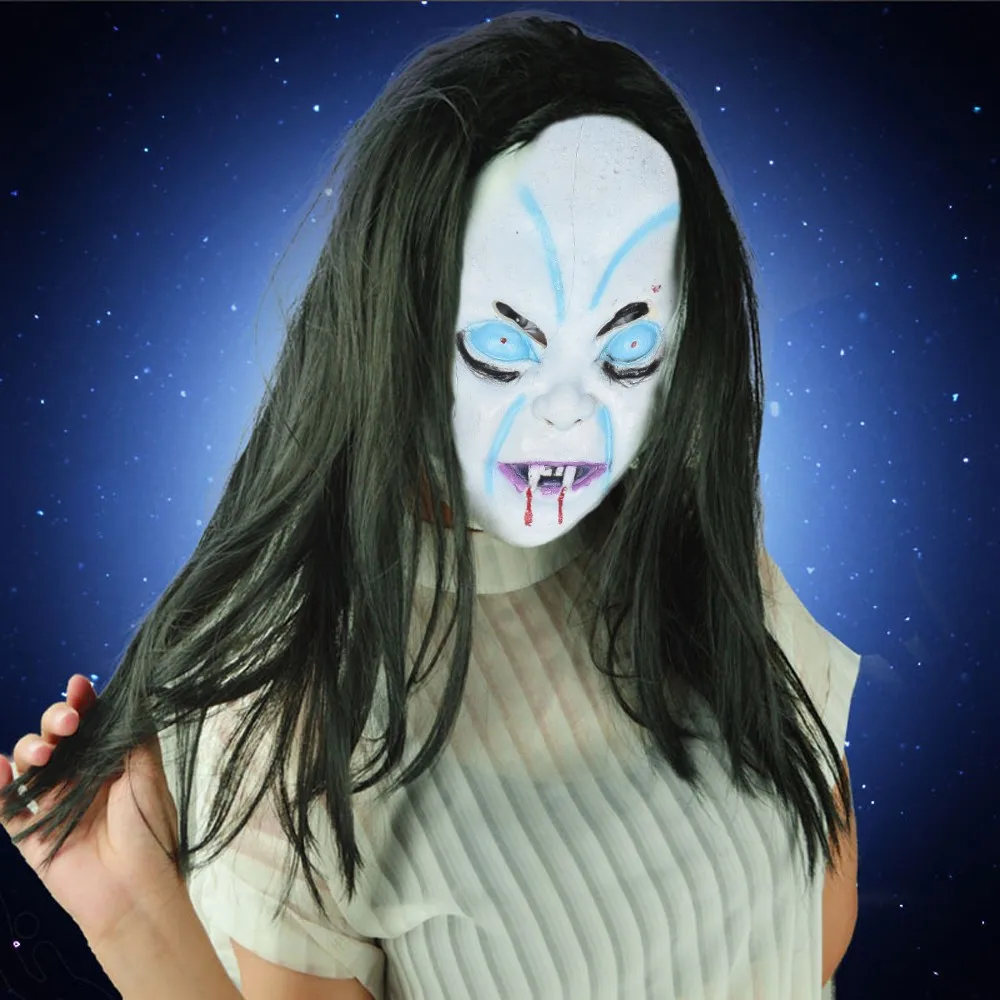 Хэллоуин ужас длинные волосы ведьма Полное Лицо Латексная Маска Зомби реквизит