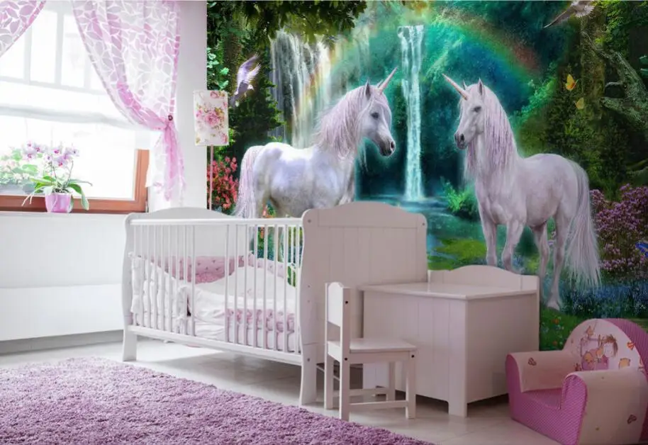 Фотообои CJSIR зеленый лес Радуга Луг Белая лошадь фон для детской комнаты обои 3d |