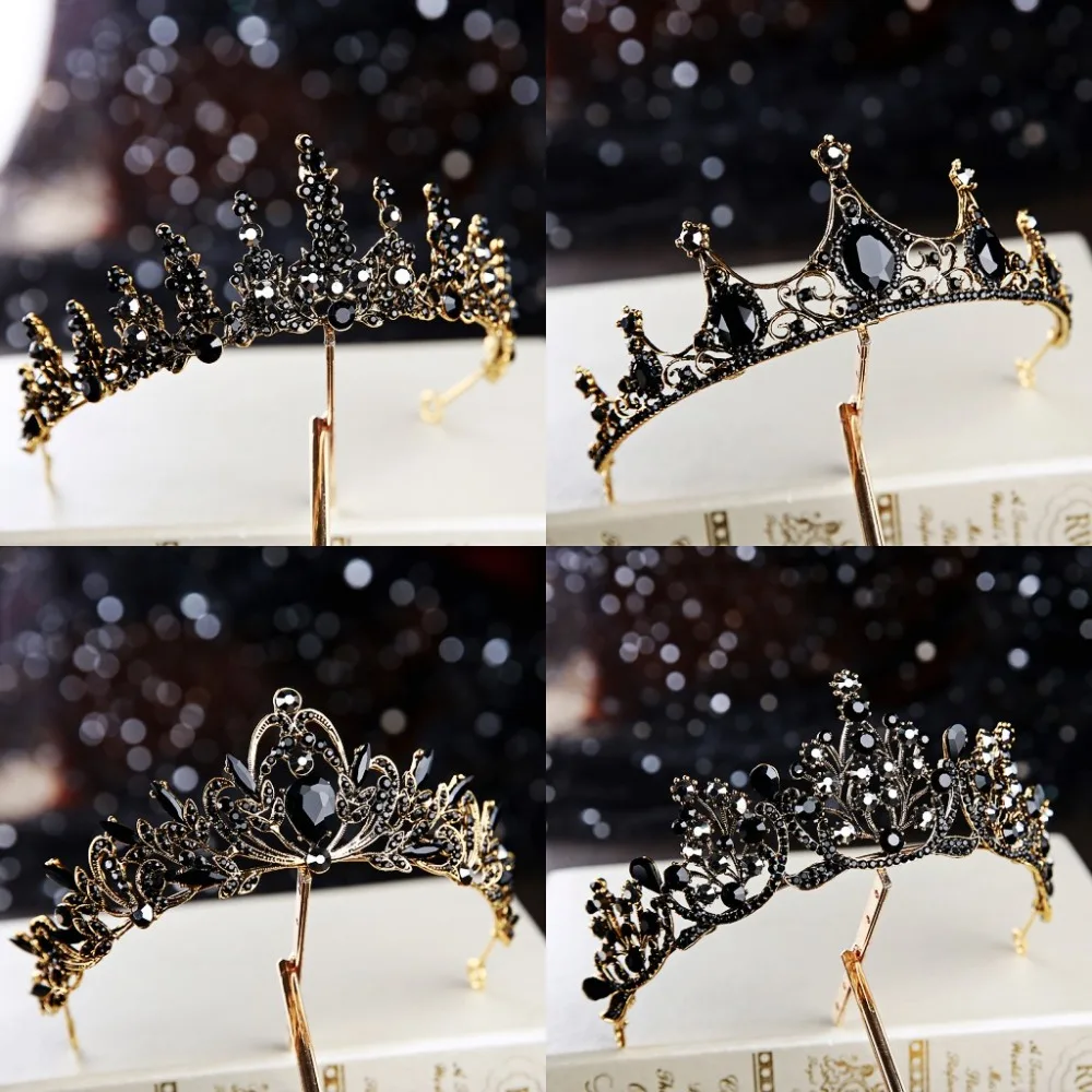 

Baroque Retro Black Luxury Bridal Crystal Tiaras Crowns Princess Queen Pageant Prom Rhinestone Veil Tiara Wedding Hair Accessory