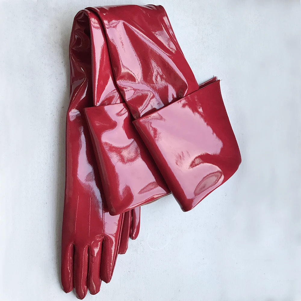 Custom-made Women's Long Gloves Really Patent Leather 65cm Double Lapel Extra Long Men's Sheepskin Gloves Over The Elbow Armband