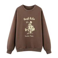 vintage woman brown oversized appliques cotton hoodies autumn and winter knight print sweater long sleeved loose pullover coat