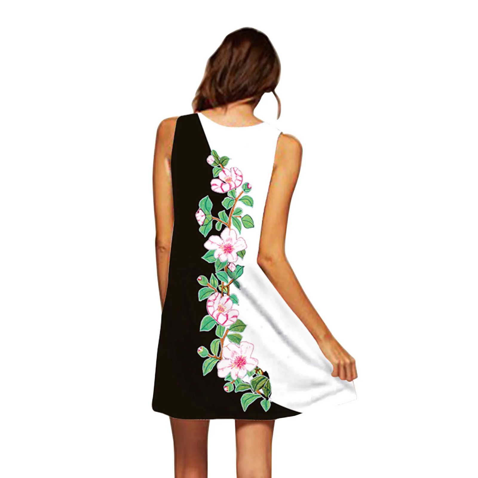 

40# Vintage Sleeveless Summer Dress Bohemian Floral Printed Dress For Woman Causal Round-neck Beach Summer Dress For Woman