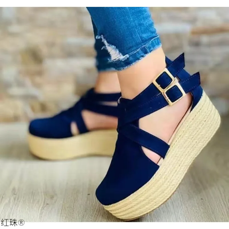 

2021 New Summer Women's Sandals Leisure Wedge Shoes Woman Buckle Strap Straw Thick Bottom Flats Platform Sandals Sandalias Mujer