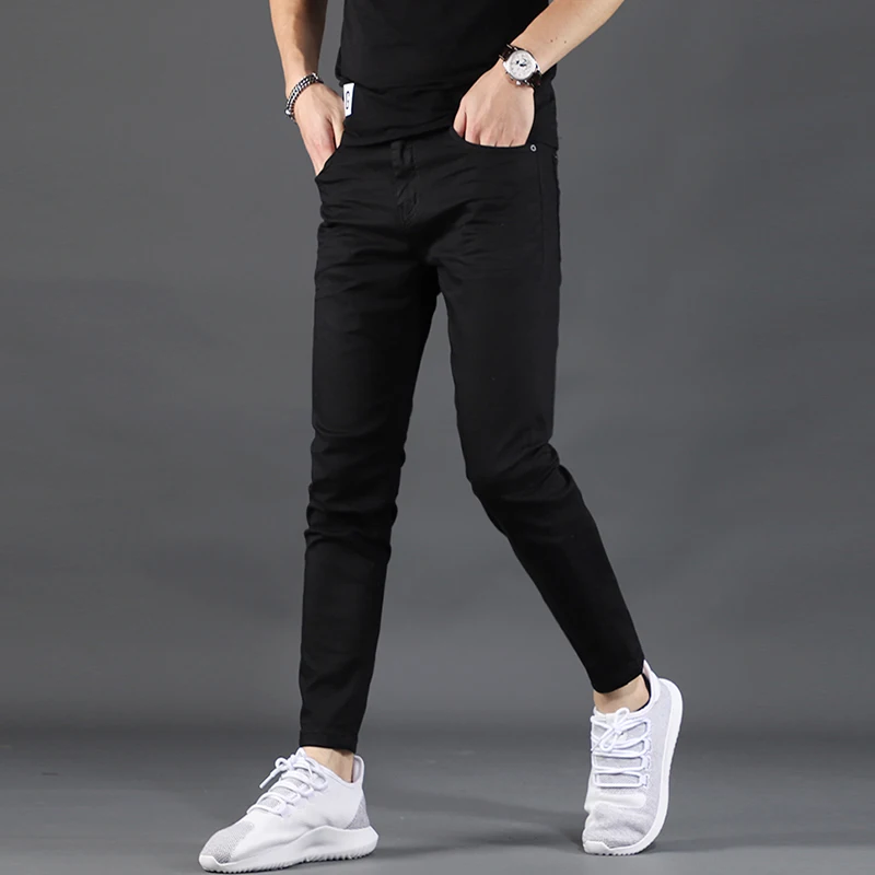 Men Pure Black Jeans Summer Thin Cotton Stretch Slim Fit Ankle-Length Pants