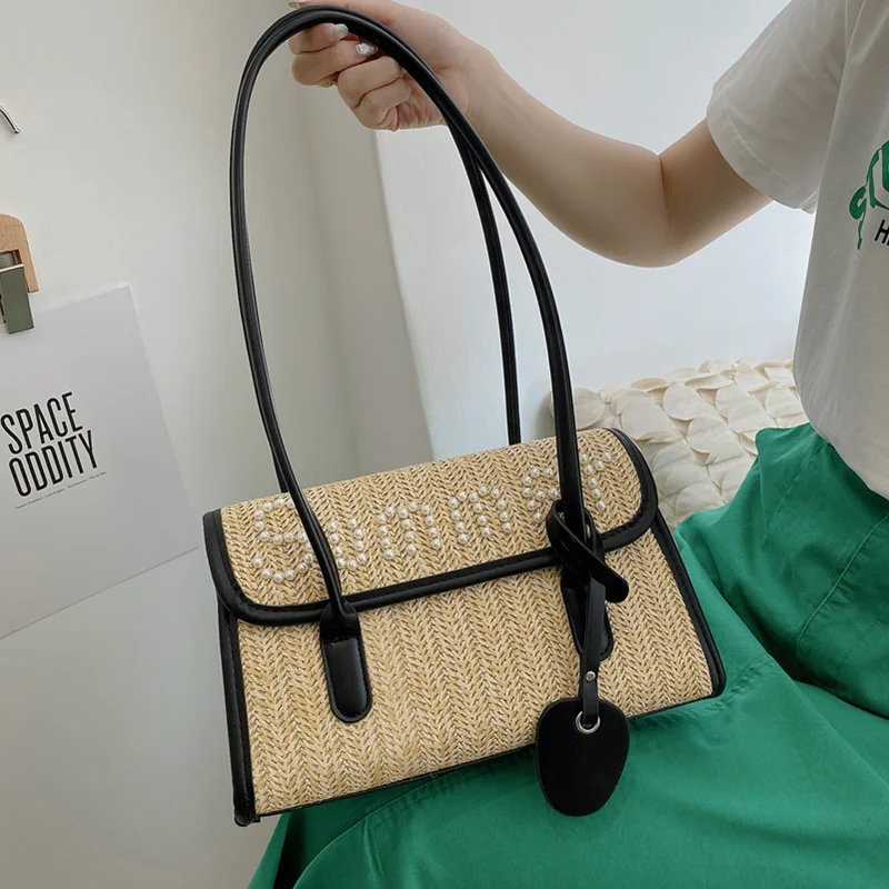 

Women Straw Weave Shoulder Bag Summer Style Pearl Decorate Tote Bags Brand Designer Beach Handbag Lady Top Handle Bag Sac A Main