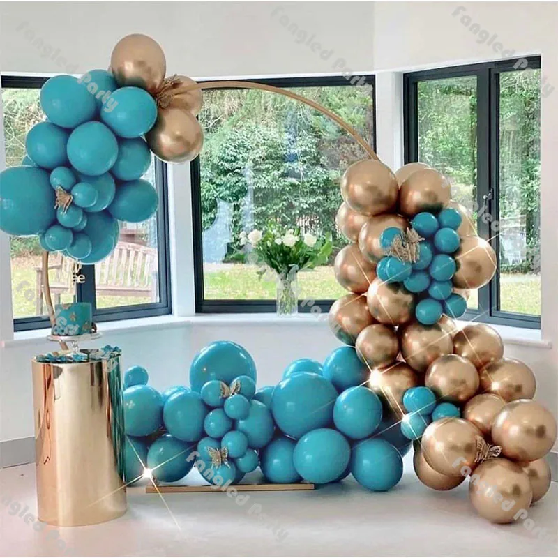 Guirnalda de globos, Kit de arco azul mate, globos dorados cromados, suministros para fiesta de cumplea&ntilde;os y compromiso de primera boda, 100 Uds.-0