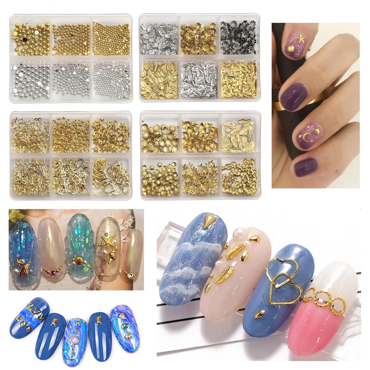 

Nail Art Rivet Nail Jewelry 6Grids/box Metal Star Moon Gold Bar Hollow Alloy Flat Bottom Rhinestone Set For Nail Tips Decoration