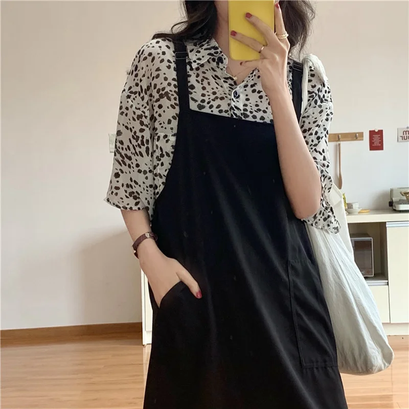 

New Loose and Lazy Style Casual Shirt Retro Minority Black Leopard Print Top + Strap Dress Suit for Women