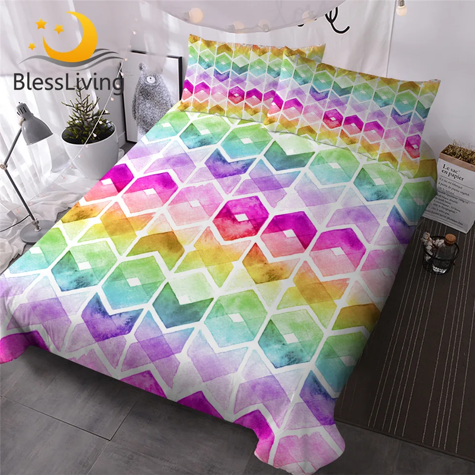 

BlessLiving Watercolor Bedding Set Rainbow Colors Duvet Cover 3 Pieces Geometric Hipster Bedspreads Queen Colorful Home Textiles