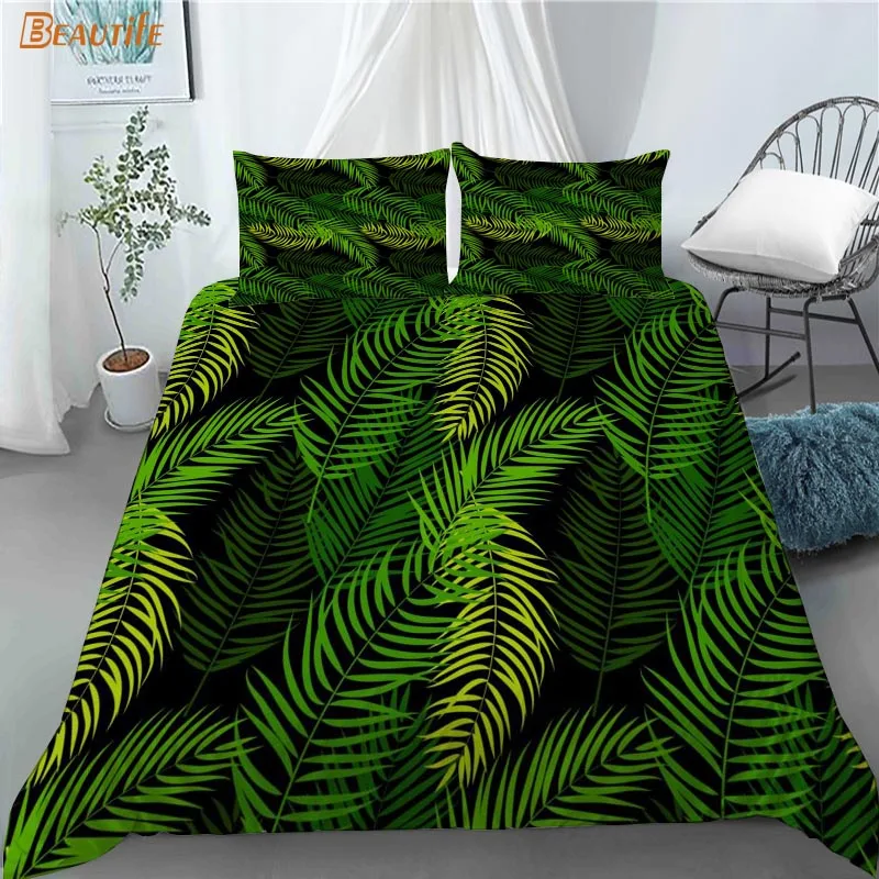 Juego de ropa de cama con estampado de hojas de palmera, edred&oacute;n de 3 piezas con dise&ntilde;o sin costuras, funda de almohada, Textiles para el hogar, 1009-3