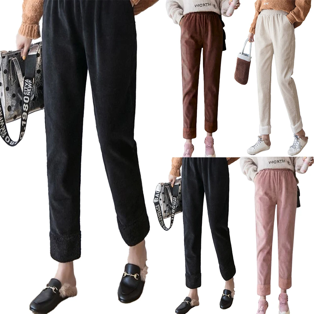 

Womens Trousers Causal Solid Color Pants Winter Warm Thicken Pants Solid Casual Straight Wide Legs Trousers