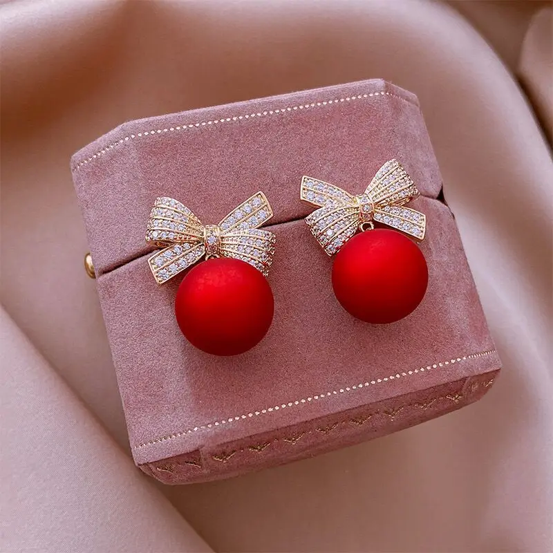 

Fashion Crystal Bow Knot Stud Earrings For Women Pearl Cherry Flowers Rhinestone Red Earring Girls Party Christmas Jewelry Gifts