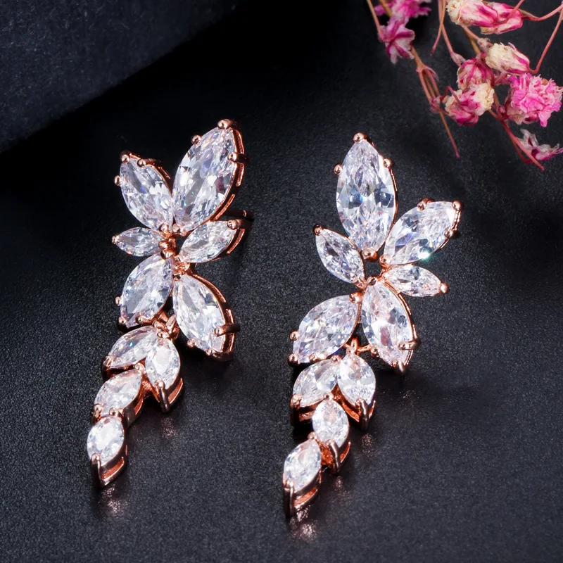 

Girl Korean temperament celebrity long earrings with ultra shining leaves zircon inlaid diamond earrings