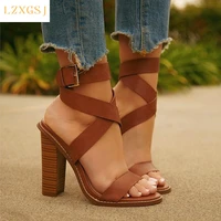 faux leather women sandals thick high heeled fashion cross strap sandal ankle strap open toe ankle buckle lady shoes black brown
