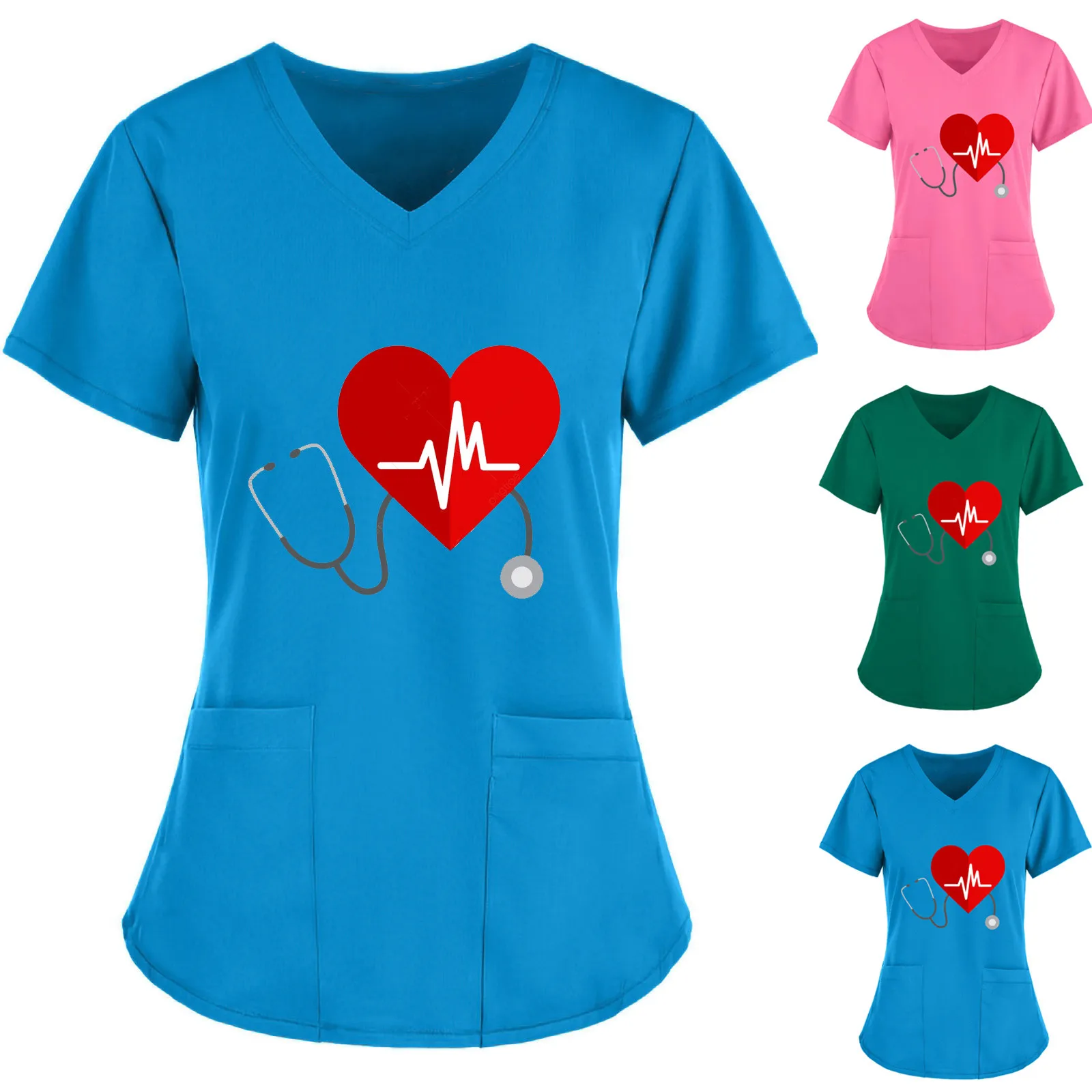 

Ladies Slim Nurse Clothes V-neck ECG Love Printed Top Short Sleeve V-neck Pocket Work Nurse Clothes D*