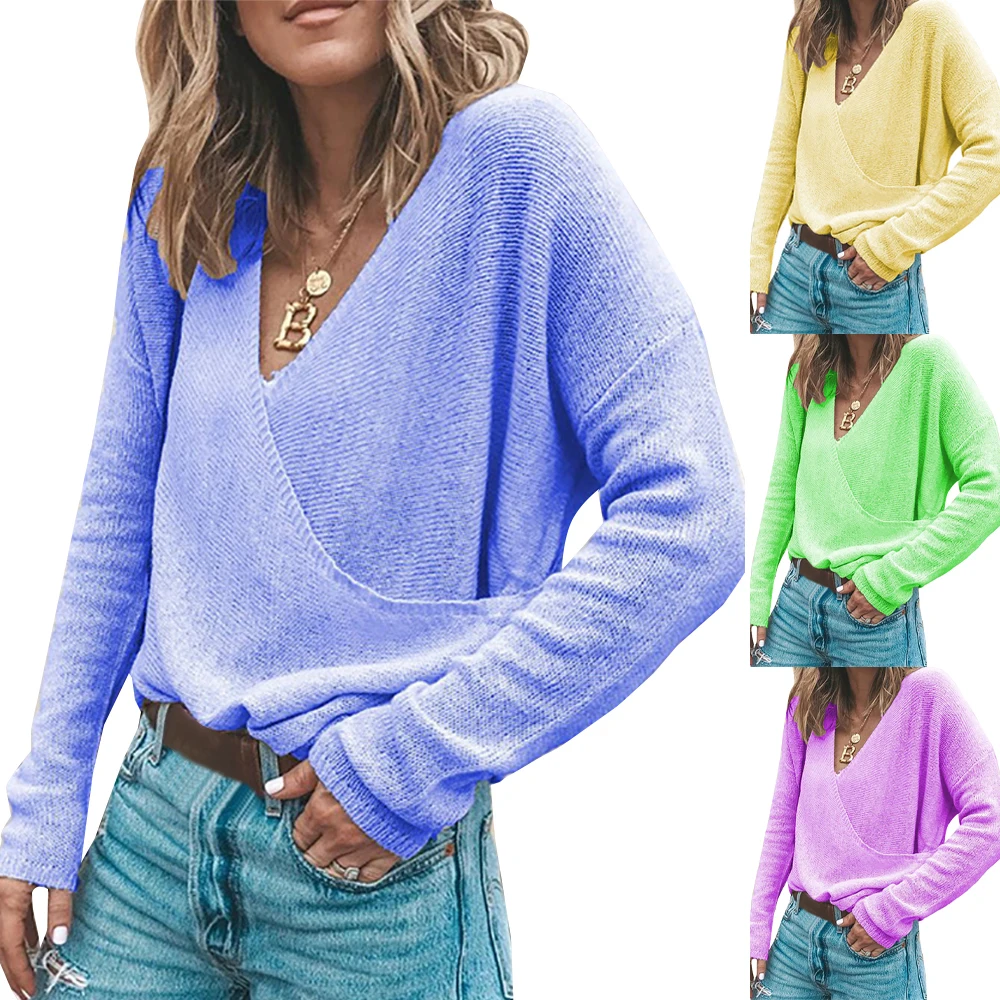 

T-shirt Women Knitted Plus Size V-neck Pullovers Casual Top Loose Tshirt Solid Long Sleeve Top Autumn Clothers for Women 2020