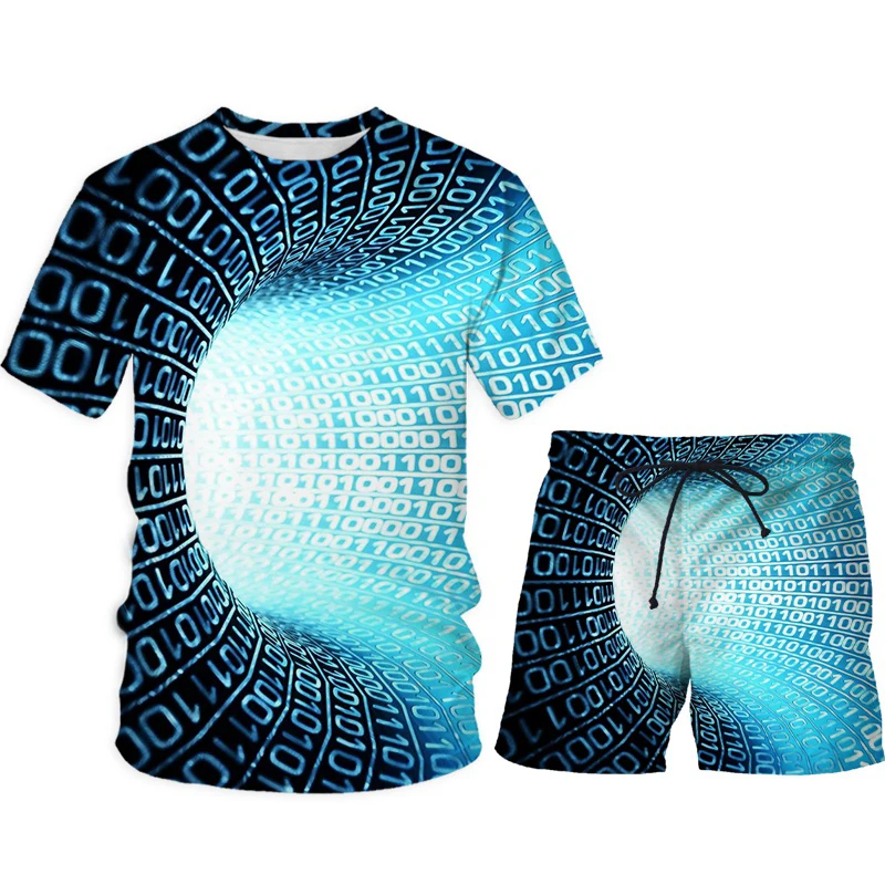 

2021The New Fashion Men's Trip Cool Beach Style Digital Print Casual Short Shirt Whirlpool T Shirt+BeachShorts 2 Piece Mesh Suit