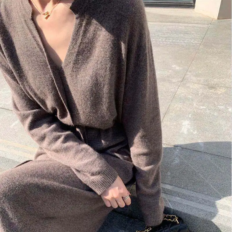 

ZAWAHIKI V Neck Japan Style Long Dresses Knitting Vintage Elegant Lace Up Fashion Vestidos 2021 Autumn Winter Robe Femme