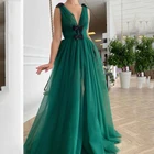 Зеленое платье Селадон с глубоким V-образным вырезом, бусинами, бабочками, ТРАПЕЦИЕВИДНОЕ Тюлевое вечернее платье