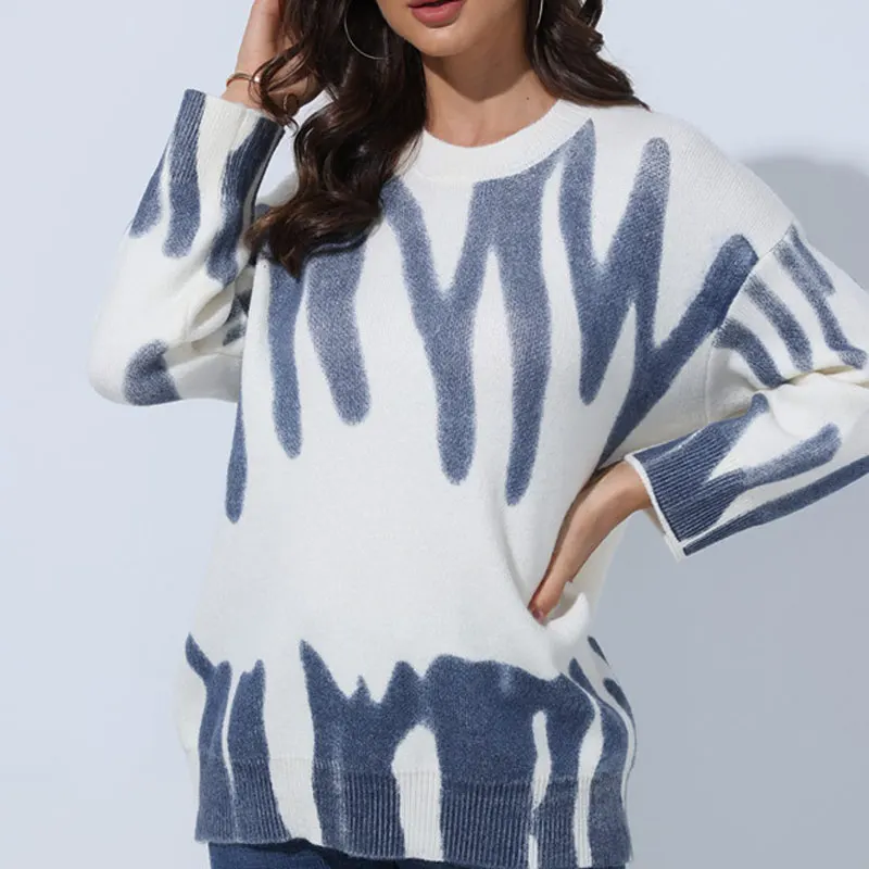 

Женский трикотажный пуловер в полоску, Свободный Повседневный свитер с круглым вырезом и длинным рукавом, Осень-зима 2021