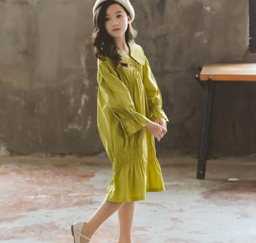 Модные платья для девочек осень 2019 желтое зеленое хлопковое детское платье с