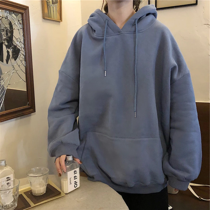 

Plus Velvet Hooded Womens Korean Style Pullover Hoodies Women Solid Loose 2XL Casual Chic Daily Big Pocket Students sweatshirt