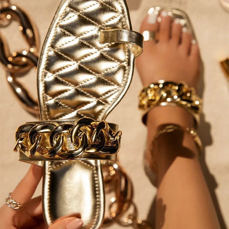 

Women Golden Chain Metal Flip Flops Slippers 2021 Female Square Toe Sewing Slides Ladies New Summer Beach Flats Plus Size 43