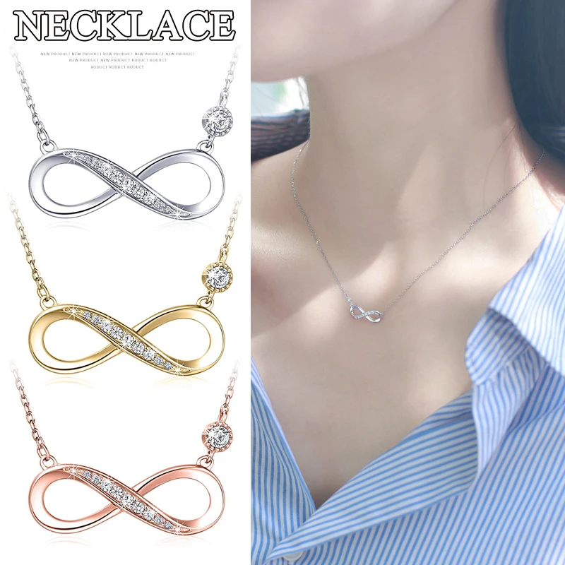 

Women's Sterling Silver Diamond Necklace Number 8 Shape Pendant Anti Fade Neck Chain Gift ENDQ