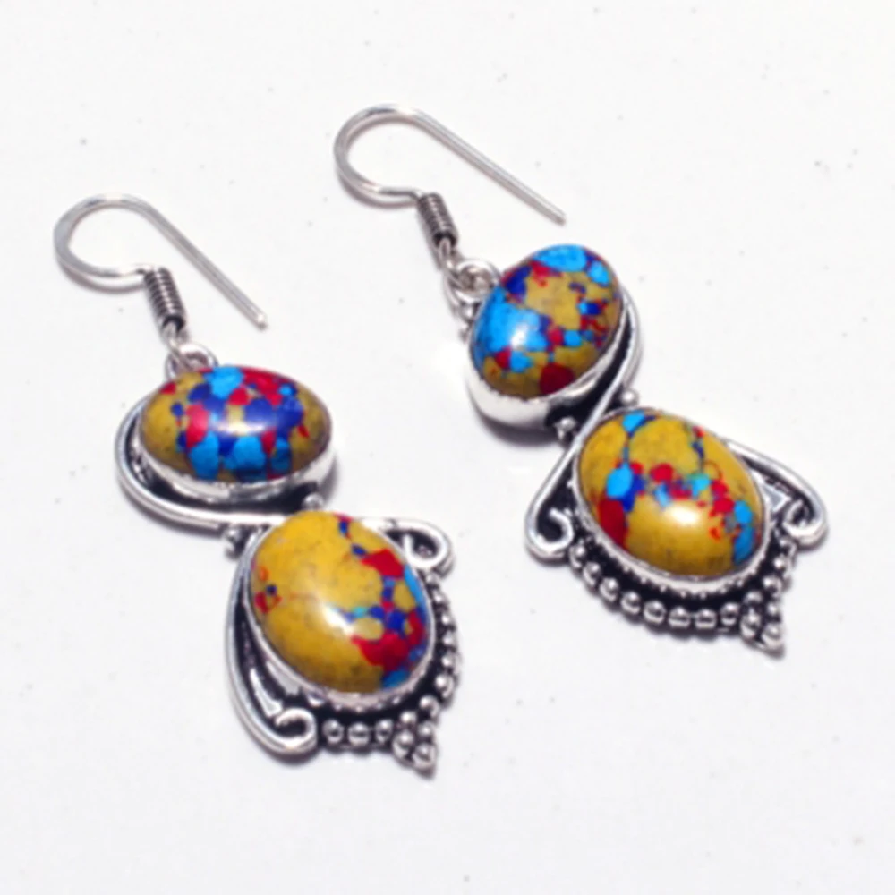 Медные сережки с серебряным наложением из яшмы натуральной мозаикой Женские