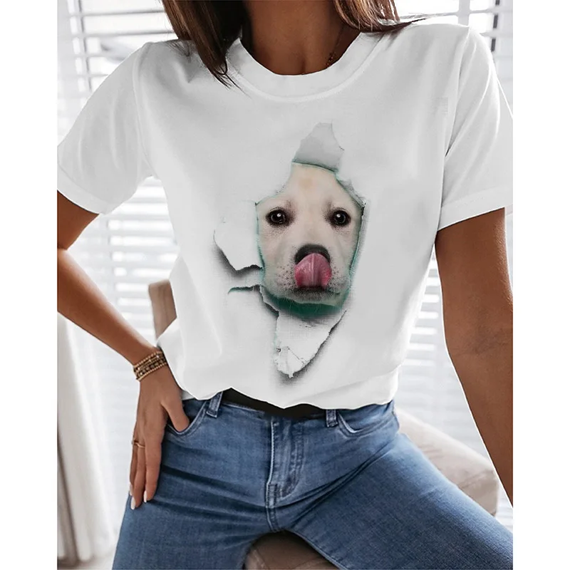 

Women's T-Shirt Dog Graphic 3D Print Funny Streetwear Basic Top Tee 2021 Summer Round Neck White Casual Tops Female Plus Size