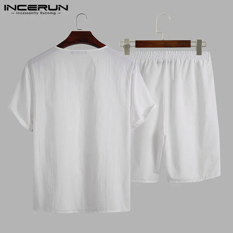 

Cotton Men Pajamas Sets Homewear Short Sleeve V Neck Sleepwear Casual Shorts Solid Breathable Vintage Men Nightwear Sets INCERUN