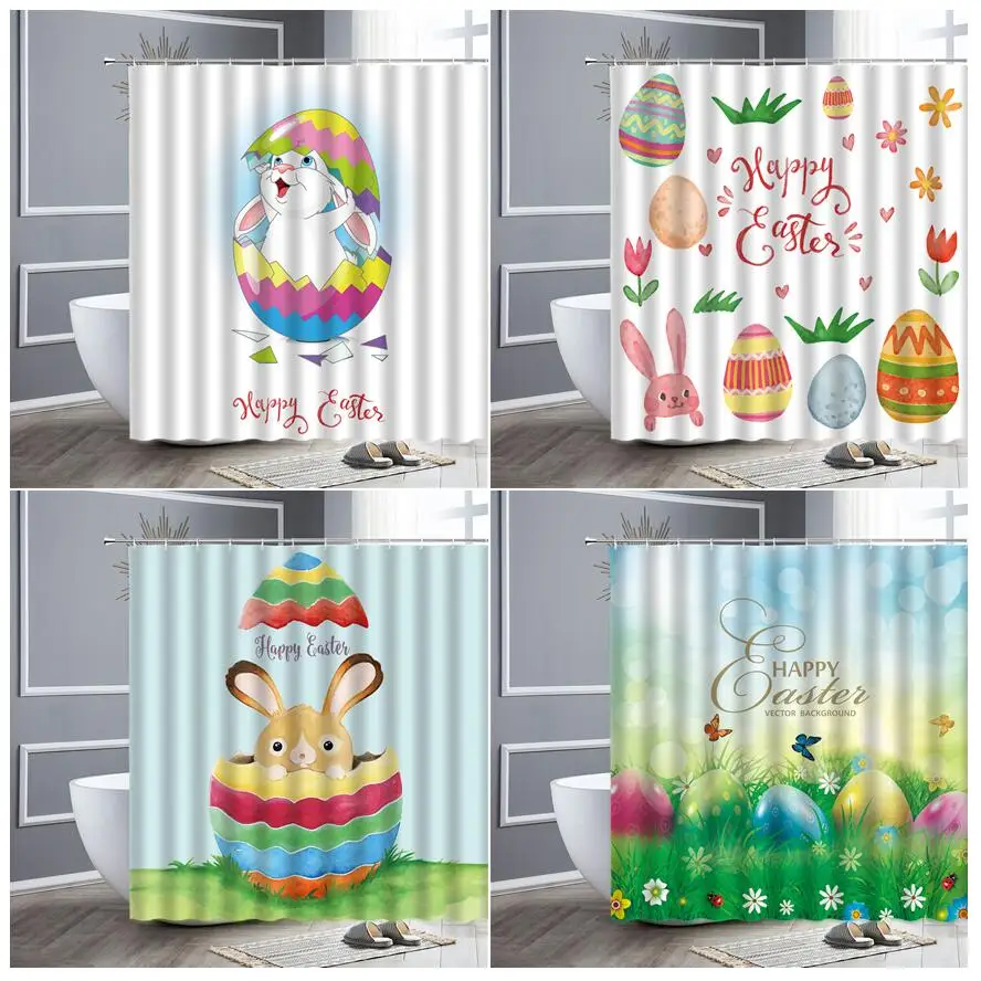 

Мультяшные занавески для душа с пасхальным яйцом, Кроликом, 3D принтом, водонепроницаемая ткань, декор для детской ванной комнаты, домашние искусственные крючки для ванной из полиэстера