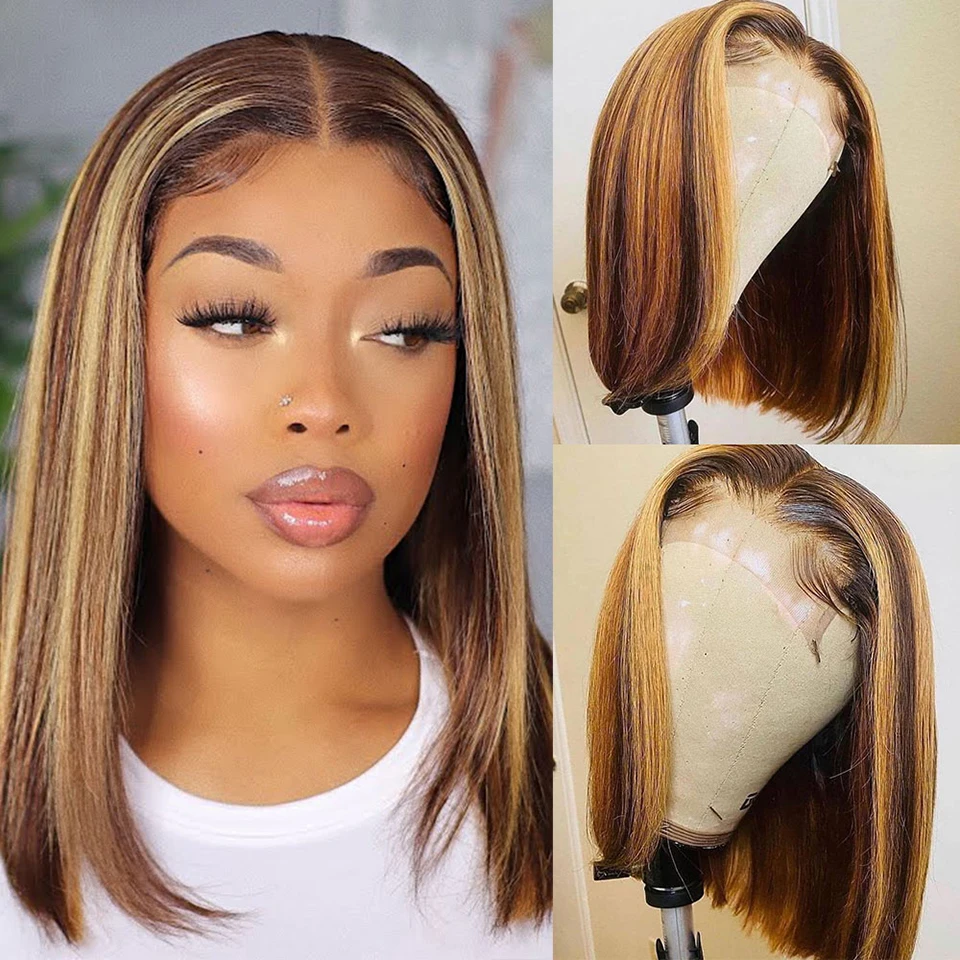 4/27 Highlight Bob Wigs Straight 13x4 HD Lace Frontal Human Hair Wigs for Black Women Gluess Lace Front Colored Short Bob Wig