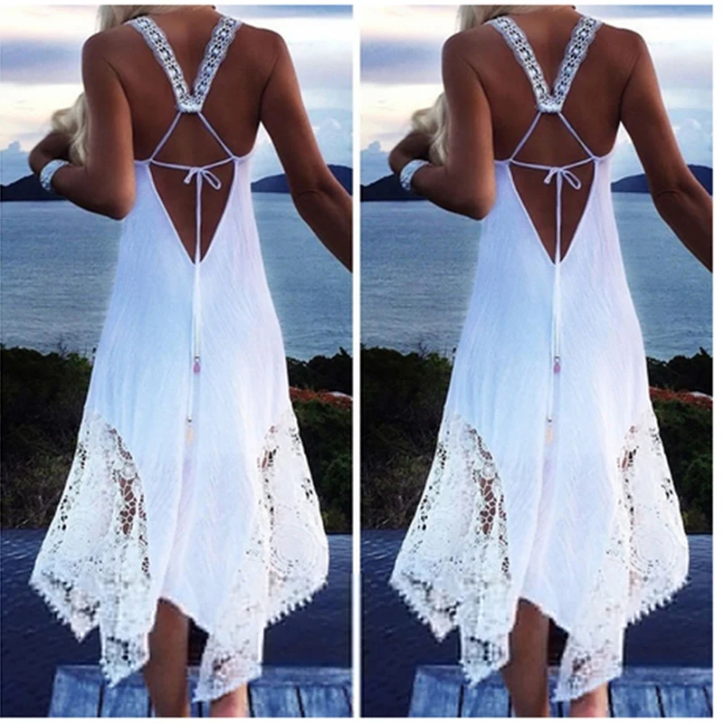 

Bigsweety Women Lace Patchwork Sleeveless Backless Dress Summer Sexy Strapless Lace-Up Beach Dress Beachwear Women Lace Vestidos
