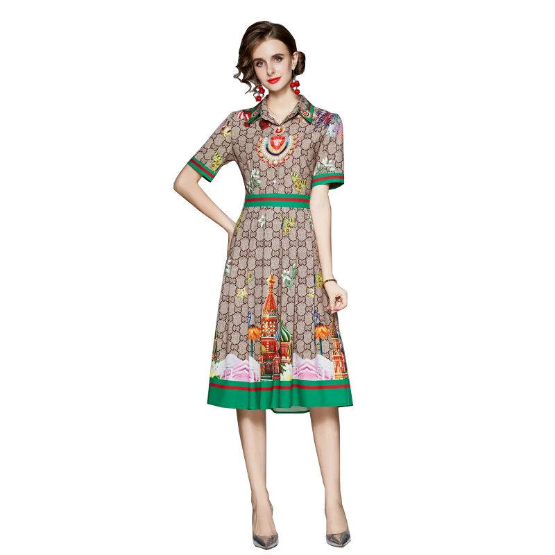 

2021 Spring Summer Fashion Runway Shirt Dress Women's Short Sleeve Casual Floral Stripe Print Pleated Midi Elegant Party Dress