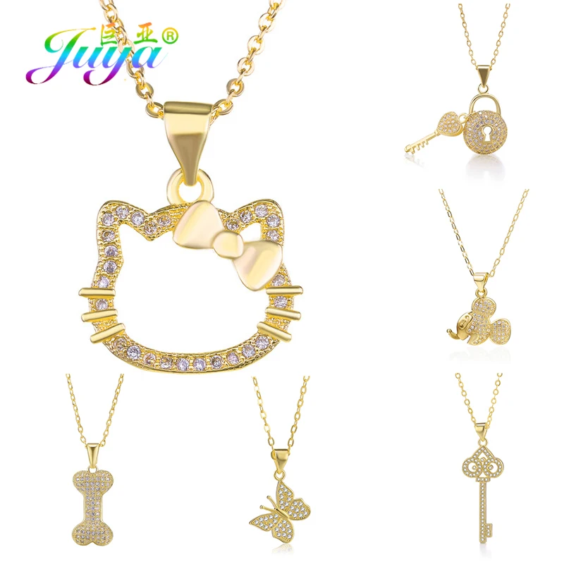 Juya 18K Real Gold Plated Pendant Necklace Supplies Micro Pave Zircon Beautiful Cat Butterfly Love Key Necklaces For Women Gift