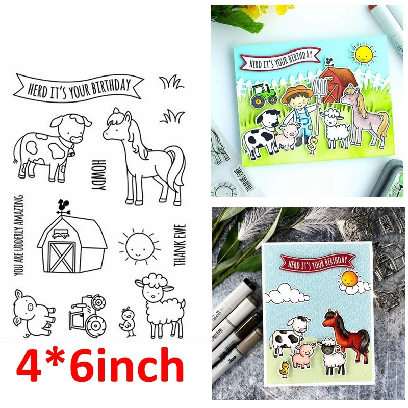 Прозрачные штампы QWELL 4*6 дюймов корова лошадь коза свинка курица брат сарай