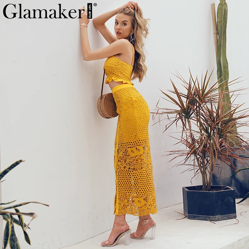 Женское ажурное платье Glamaker желтое длинное белое с оборками облегающее Макси