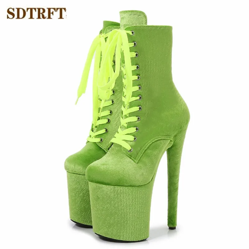 SDTRFT Lace up Stilettos 20cm Thin Heels Ankle boots Platforms Shoes Woman Botas Mujer Nightclub Cosplay Suede Candy Color Pumps