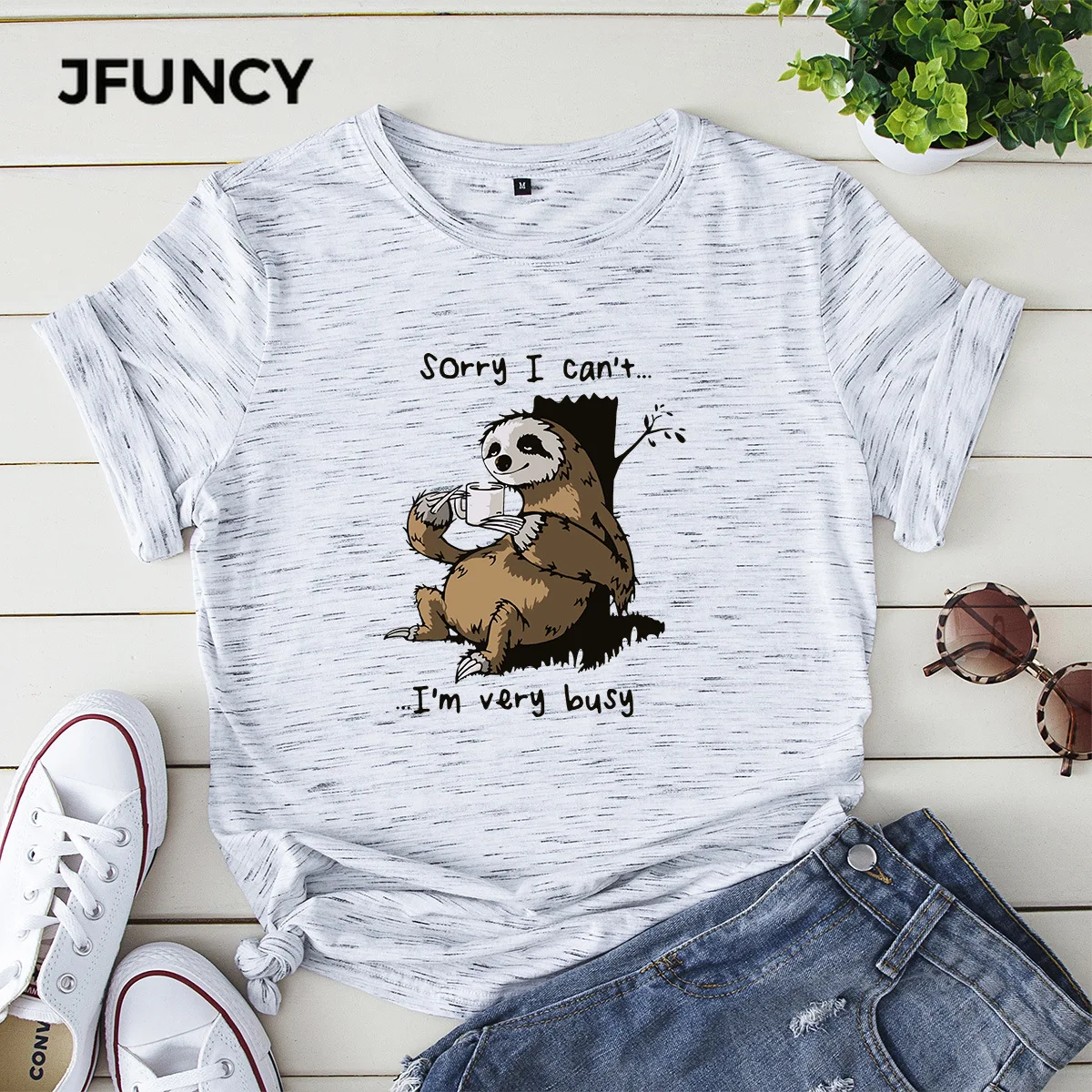 

JFUNCY занятая ленивая мультфильм Mujer рубашки размера плюс летняя футболка 100% хлопок женская футболка корейские женские Топы Harajuku Графические...
