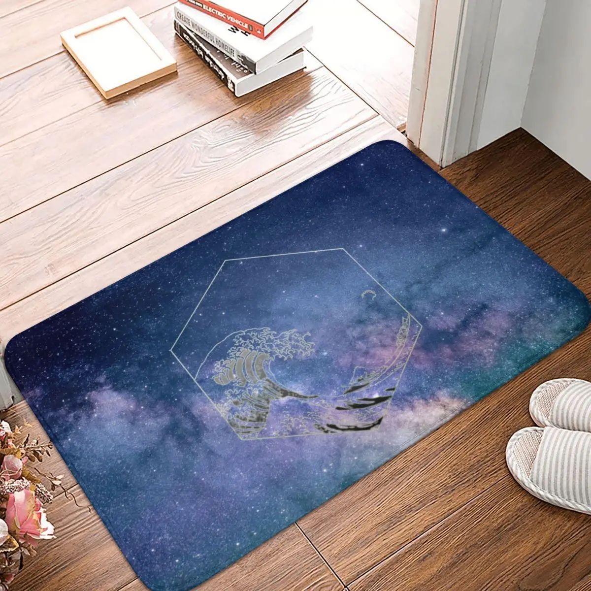 Космический коврик для входной двери с изображением огромных волн Канагавы, изготовленный из полиэстера, антискользящий, подходит для балкона и туалета, можно стирать.