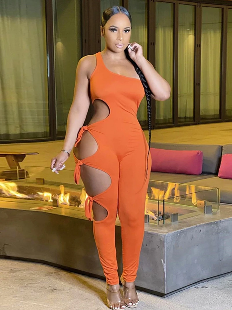

NOVAINSPO One Shoulder Hollow Out Bandage Skinny Solid Jumpsuits For Women 2021 Summer Sexy Clubwear Rave Outfits 1 Piece Baddie
