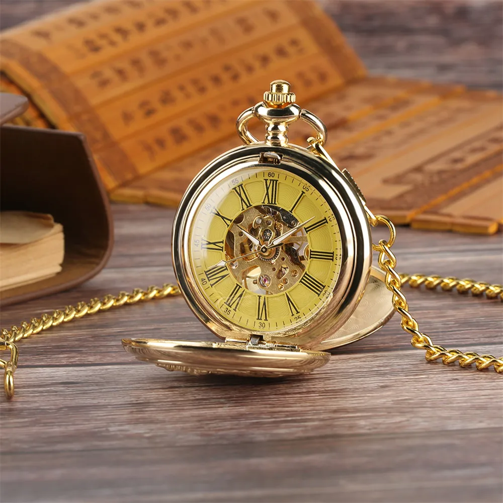 Golden Elk Mechanical Pocket Watch Roman Numerals Dial Double Open Face Pendant Manual Mechanism Fob Chain Timepiece Male Gifts