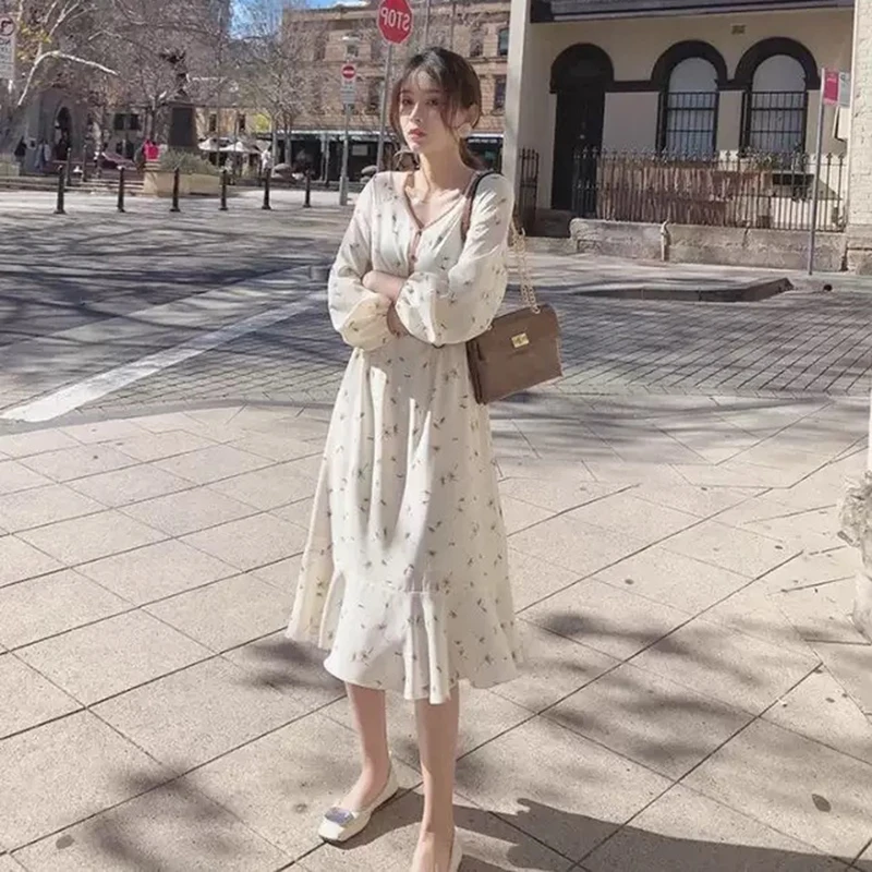 

Floral Print Dress Female Chiffon Slim Mid Length Sweet Long Sleeve Loose Summer 21 For Women New Fashion White Feminina LD1628