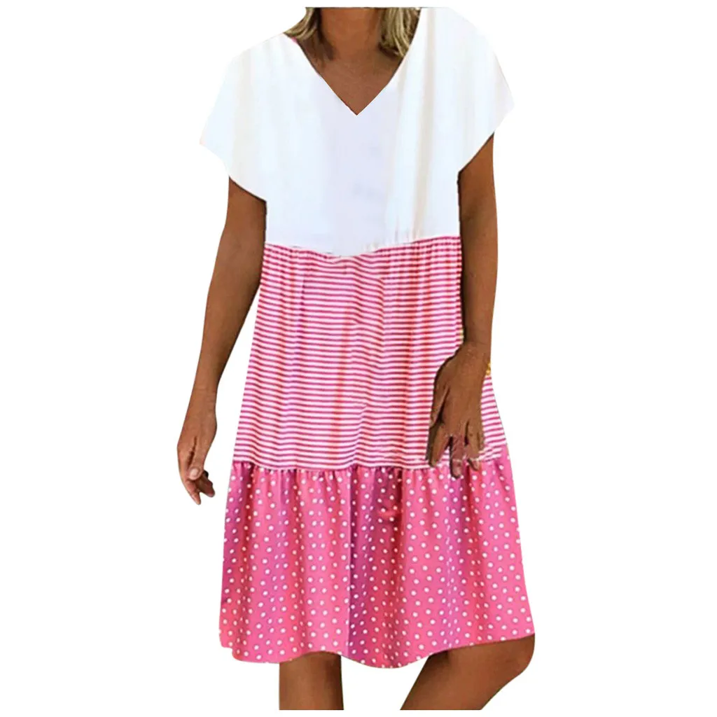 

Summer Ladies casual loose V-neck striped polka dot print stitching short sleeve dress Fashion Women Patchwork
