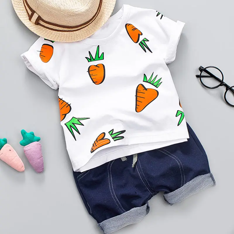 

New Summer Clothing Cotton Clothes for Kids Boys Casual Carrots T Shirts Tops Tee Solid Short Casual Outfit Set