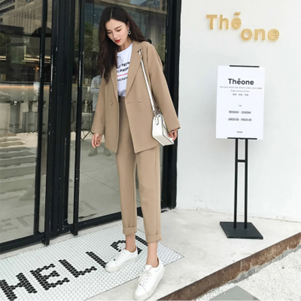 Casual Solid Women Pant Suits Notched Collar Blazer Jacket &amp Pencil Khaki Female Suit Autumn 2019 High Quality | Женская одежда