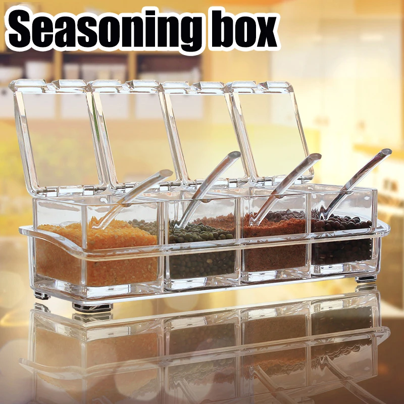 

New Seasoning Box with Spoon 4 Compartments Multi-Grid Spice Storage Container storage Tool for Kitchen Herb Spice Tools Gadgets