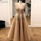 Светильник-коричневое вечернее платье без рукавов, Саудовская Аравия, чайное платье с V-образным вырезом и бисером, простое вечернее платье на молнии со складками