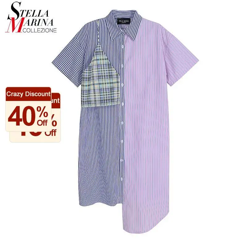 Женское асимметричное платье рубашка в полоску с коротким рукавом цвет синий